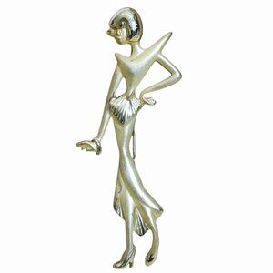 Art Deco Revival Brooch Pin Gold Tone Lady Mid Century Modern Figural Fashion